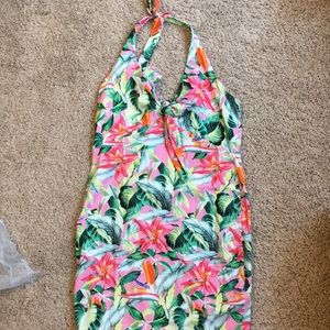 ASOS Pink Hibiscus pattern halter dress.